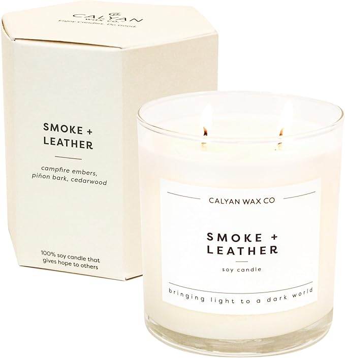 Calyan Wax Co. Smoke & Leather 2 Wick Scented Candle - 37 Hour Burn - Luxury Non Toxic Soy Wax Candles - Long Lasting Large Glass Jar Candle for Home - 8.8oz