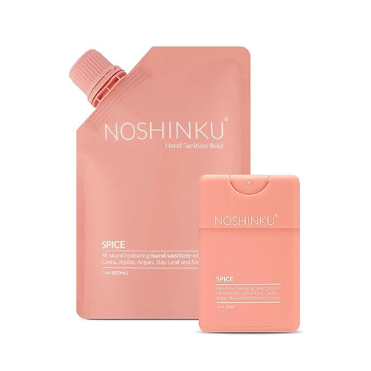 Noshinku Spice Pocket Hand Sanitizer Refill Kit: Refill Pouch + Sprayer Bundle | Antibacterial Sanitizing Mist with Moisturizing Oils | FDA Registered | Sugarcane Derived Alcohol | Travel Size