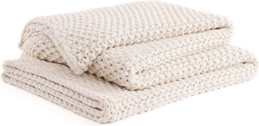 YnM Chunky Cotton Knit Throw Blanket, Cable Knit Throws for Bed Couch Sofa, Comfy & Relaxing, Decorative Piece for Farmhouse Modern Boho Rustic Scandinavian Chic Vibe, Cream White 60x80 Inches