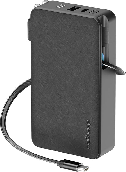 myCharge RetractaCharger 10000mAh Portable Charger Power Bank with 28-Inch Retractable USB-C Cable | Premium Fabric | Built-in Wall Plug | 30W PD Fast Charging | USB-C/A Ports | Digital Display