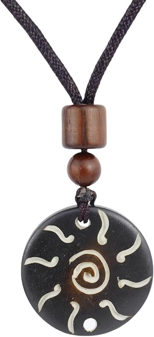 Handmade Black Bull Bone Pendant Necklace, Traditional Tribal Design, Wooden Beads, Adjustable Braided Rope, 24 Inch, Surfer Style