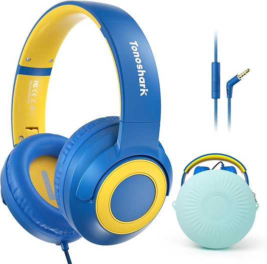 Kids Wired Headphones with Microphone, Volume Limited to 85/94dB, Foldable 3.5mm Jack Headset for Girls, Pink Over-Ear Headphones for School, Study & Travel, Includes Carry Case（Blue）