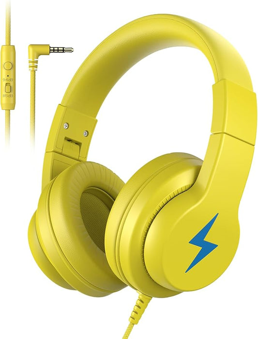 Kids Headphones, Wired Headphones for Kids Over Ear with Microphone, 85/94dB Volume Limiter Headphone for Girls Boys, Foldable Headphone for Learning & Entertainment, Yellow
