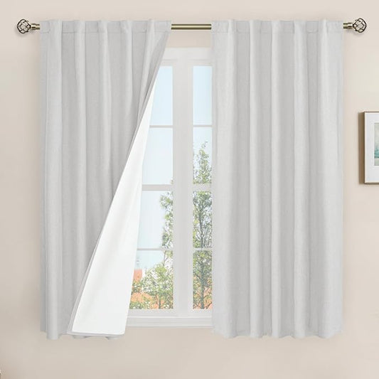 LAMIT Natural 100% Blackout Linen Curtains, 54 Inches Linen Textured Thermal Bedroom Curtains Back Tab and Rod Pocket Neutral Panels with White Liner for Farmhouse, 2 Panels, 42 x 54 Inch, Light Grey