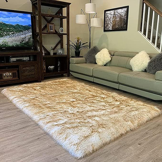 LAMBZY High Pile Super Soft Faux Sheepskin Rug (White/Brown, 2'x3')