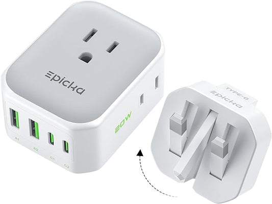 EPICKA Hybrid International Power Adapter for US to England, Foldable & Detachable Type G (UK) VisaPlug, 8-in-1 Travel Plug Adapter with 4 USB Ports (2 USB-C PD 20W), Travel Dormestic Essentials