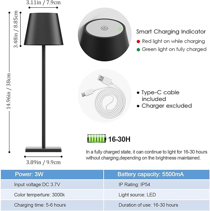 2-Pack LED Cordless Table Lamp, Rechargeable Battery Desk lamp 3W 5500mAh Battery Operated Stepless Dimming Modern Portable Table Light for Restaurant/Dinner/Bedroom/Outdoor IP54 Waterproof (Black)