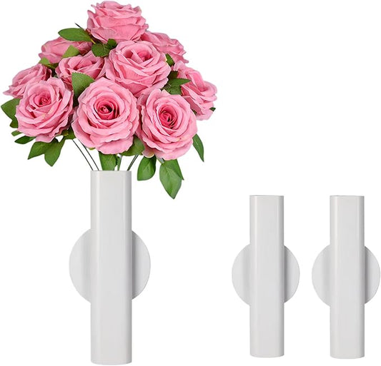 Self Adhesive Wall Vase Metal Tube Decoration Holder Used to Display Dried Flower, Faux Flowers, Fake Flowers, Also Suitable for Cemetery Memorial Decoration (2 Pcs White)