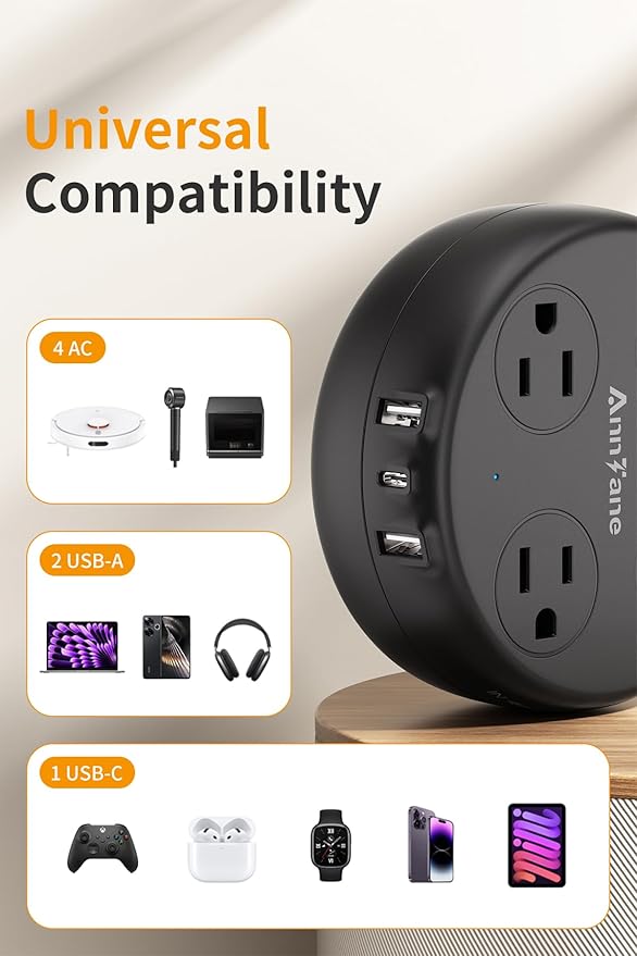 UK Travel Plug Adapter - Retractable Power Strip with 4 AC Outlets & 3 USB Ports (USB-C), Type G Adapter for US to UK, Ireland, Scotland, Hong Kong, Dubai (Black)