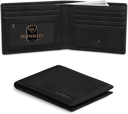 RUNBOX Wallet for Men Slim Leather Bifold RFID Blocking Minimalist Front Pocket Design with Gift Box