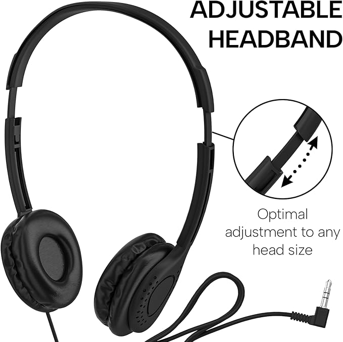 Maeline Bulk Classroom Student Headphones On Ear Stereo Headphones Adjustable Band & Faux Leather Cushions for Kids Online Learning, Library, School, Travel - 3.5mm Plug - 300 Pack - Black