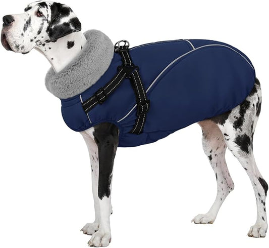 AOFITEE Large Dog Coat, Waterproof Dog Jacket Winter with Harness Built in, Warm Fleece Pet Puffer Jacket with Zipper, Cold Weather Coats for Dogs, Reflective Pet Snowsuit, Great Dane, Blue XXXL