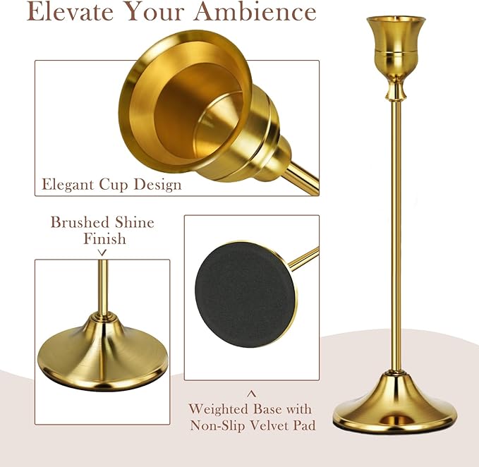 Gold Candlestick Holders Set of 3, Weighted, Metal Taper Candle Stick Holders, Vintage Christmas Brass Home Decor for Table, Mantel, Room Decorations Housewarming Gift Gold-3