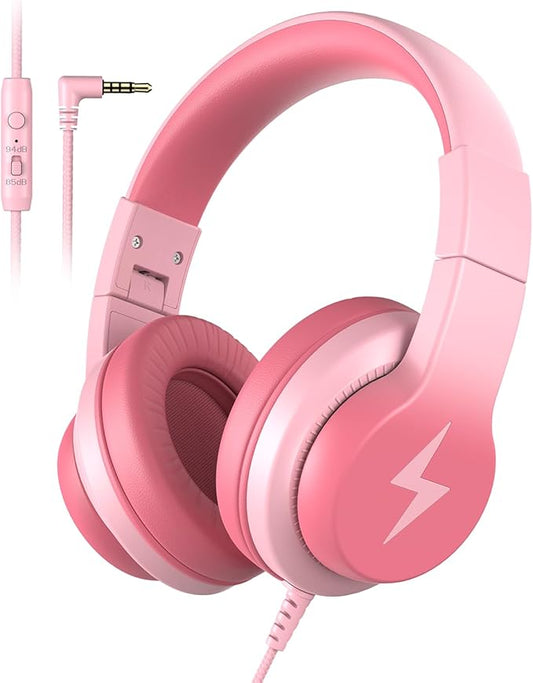 Kids Wired Headphones for Kids with Microphone, 85/94dB Volume Limiter Headphones for Girls Boys, Light Pink