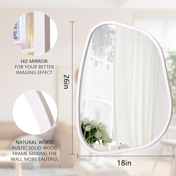 White Irregular Oval Wall Mirror Large 26"x18" Inches Asymmetrical Mirror Modern Wood Frame Unique Shape Wall Mounted Vanity Artistic Mirror Decor for Living Room Bedroom Bathroom Entryway