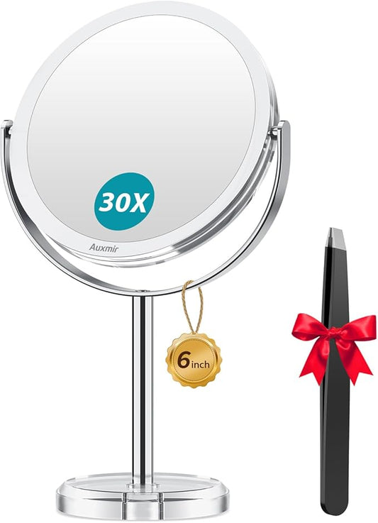 Auxmir 1X/ 30X Magnifying Mirror, Makeup Mirror with Tweezer, Double Sided Round Vanity Tabletop Mirror, 360° Rotation Portable for Dressing Table Desk Bathroom Bedroom Travel, Clear