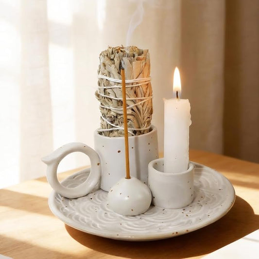 4-in-1 White Ceramic Palo Santo Burner & Holder - Versatile Candle and Smudge Tray for Incense Sticks, Cones, and Sage - Ideal Zen Meditation Altar Accessory for Enhanced Aromatic Experience