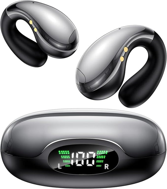 Ultra Open Ear Earbuds - Ergonomic Clip-On Earbuds, Bone Conduction Over-The-Ear Headphones with Waterproof Design and Secure Fit for Small Ears, Crystal Black