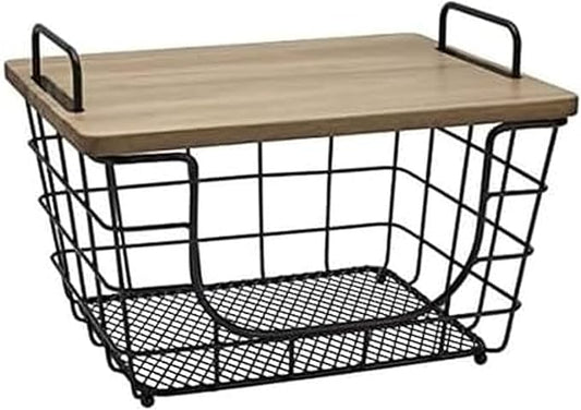 Gourmet Basics by Mikasa Madam Metal Stacking Nesting Rectangular Basket with Acacia Wood Lid, Space Saving Kitchen, Bathroom & Office Organizer, Antique Black