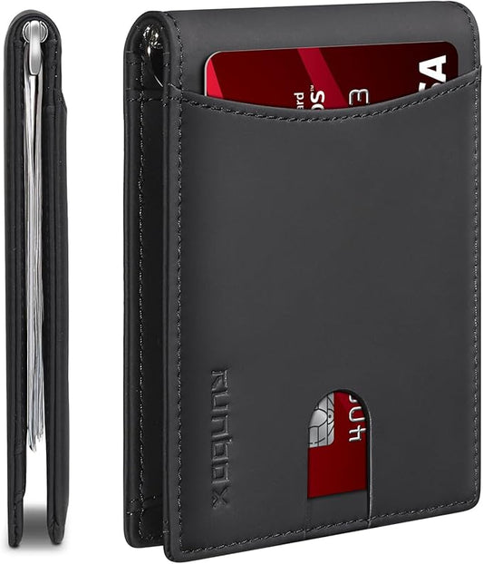 RUNBOX Slim Wallet for Men Genuine Leather RFID Blocking Bifold Minimalist Front Pocket Mens Wallet with Money Clip Thin Gift Box