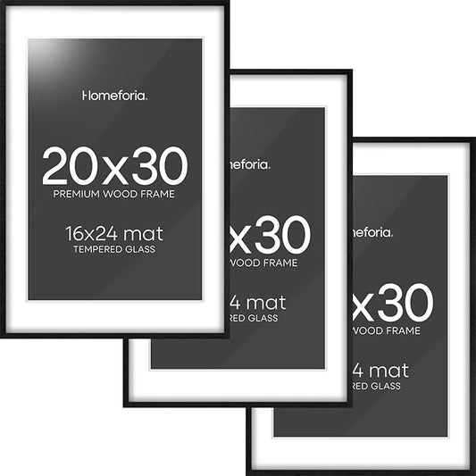 Homeforia 20x30 Black Wood Frame, High End Oak 20x30 Wooden Picture Frames with Mat 16x24 Photo, 20 x 30 Poster Frame Matted to 16 by 24 Print, 30x20 Hanging Frames, Tempered Glass, Wall Kit, Set of 3
