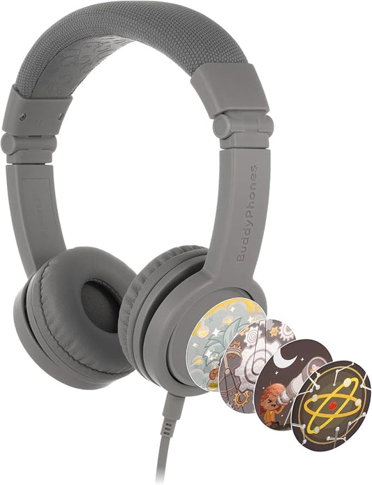 BuddyPhones Explore Plus | Foldable Kids Wired Headphones, Built-in Audio Sharing Cable with in-Line Mic - SafeAudio Volume-Limiting for Kindle, iPad, iPhone, or Android (Grey Matter)