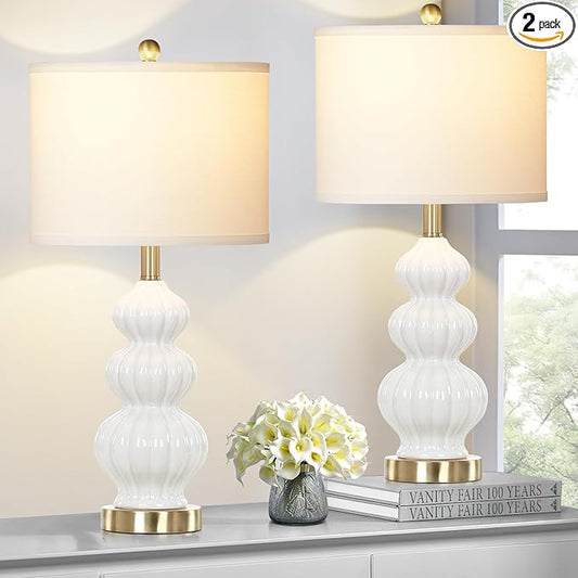 Triple Gourd Ceramic Table Lamps Set of 2, Modern White Bedside Lamps with Rotary Switch， Contemporary Nightstand Lamps for Bedroom Living Room