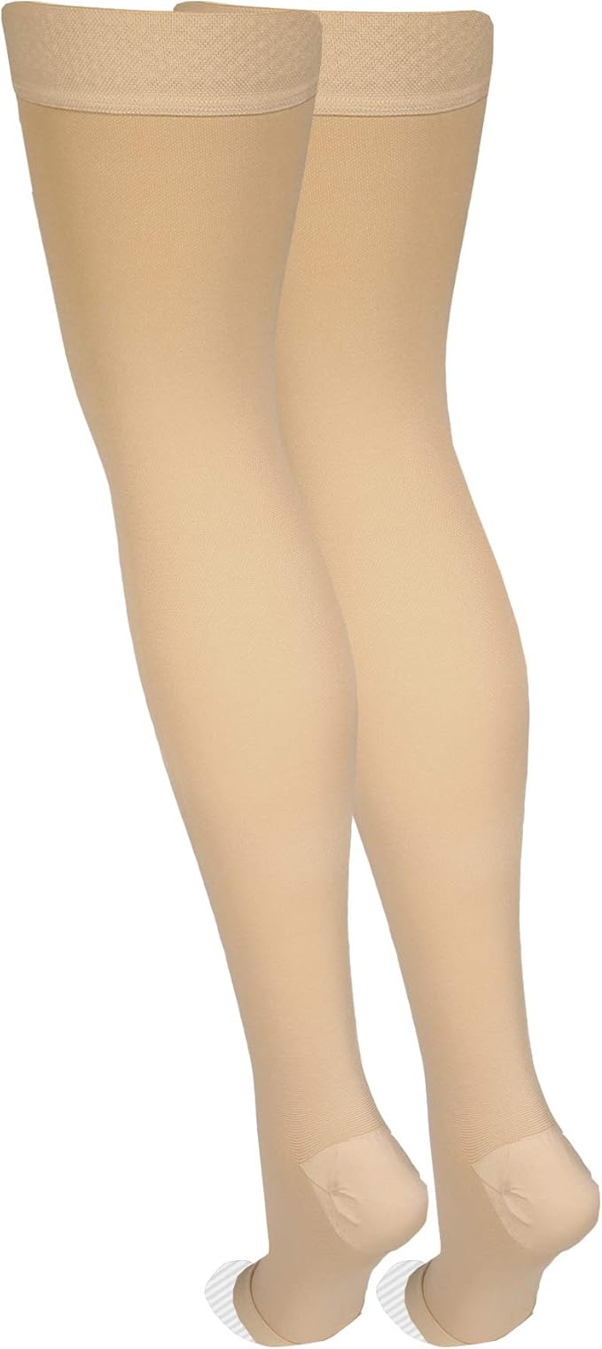 Amazon Basic Care Medical Compression Stockings, 20-30 mmHg Support, Women & Men Thigh Length Hose, Open Toe, Beige, Medium (Previously NuVein) (Pack of 2)