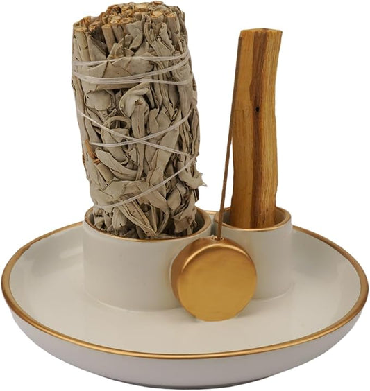 4 in 1 Incense Holder, Ceramic Incense Stick and Palo Santo Holder,Sage Holder for Burning- 4.25" Ceramic Ash Catcher Tray for Meditation and Yoga Room (White Golden)