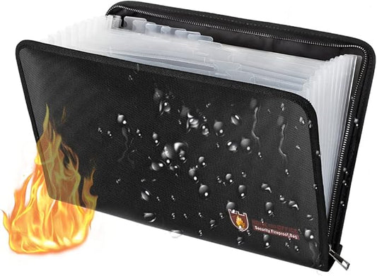 A4 Fireproof Document Bag with 13 Pockets, Fire and Water Resistant Safe Expanding File Folder with Zipper, Document Organizer Fireproof Waterproof Wallet for Certificate Folder