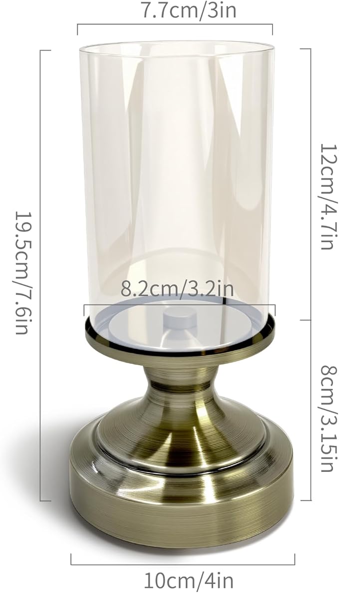 Brass Hurricane Candle Holder with Glass Lid, Anti-Tip Pillar Candle Holder for Wedding Dining Party Table Centerpiece, Elegant Home Decor
