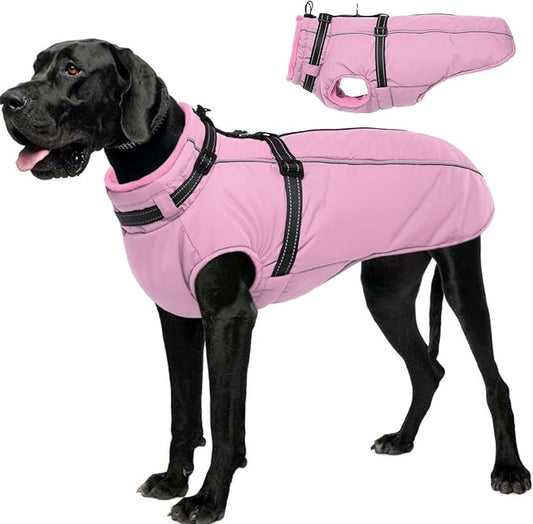 Lelepet Dog Coat for Large Dogs Waterproof Dog Jacket with Harness Built in Reflective Fleece Jacket with Zip Windproof Cold Weather Coats for Dogs Cozy Thermal Pet Snowsuit, Weimaraner, Pink, XXL