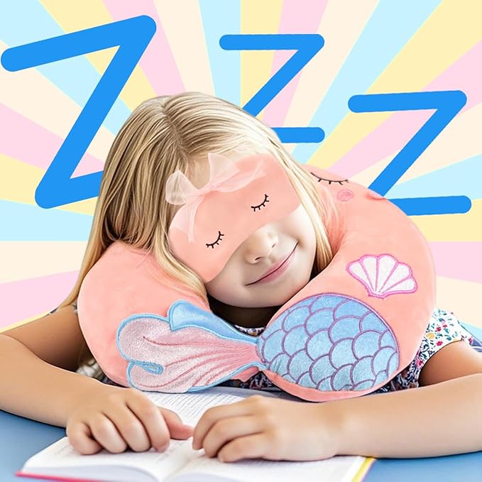 Sexysamba Travel Pillow for Kids Adults with Sleep Eye Mask Cute Cartoon U Shaped Memory Foam Neck Pillows for Travel Head Rest & Neck Support for Airplane, Car, Office Sleeping, Pink Mermaid