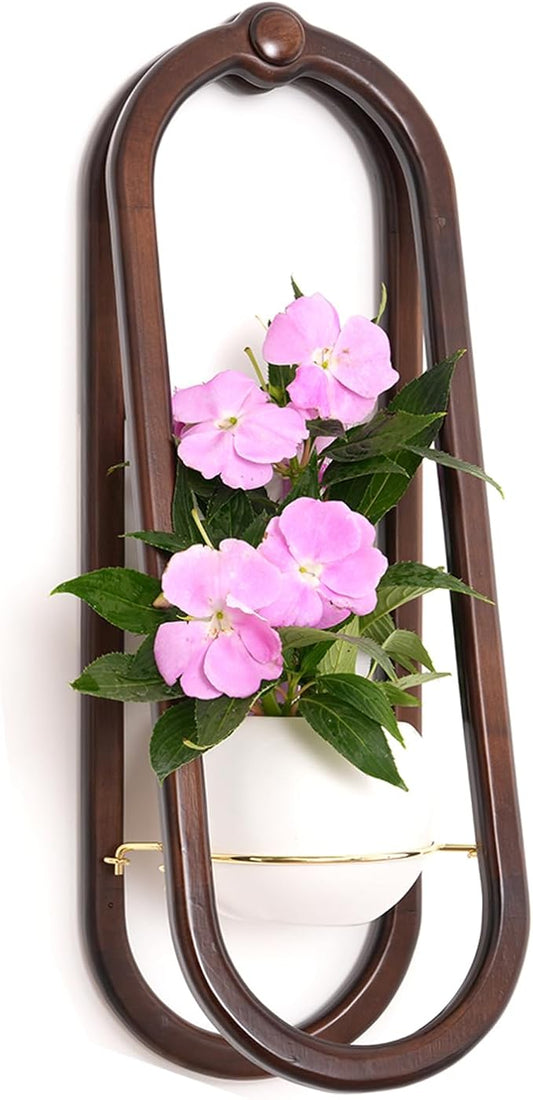 Wooden Wall Planters for Indoor - Modern Hanging Plant Stand Shelf with Ceramic Pot - Walnut Color (Set of 1)