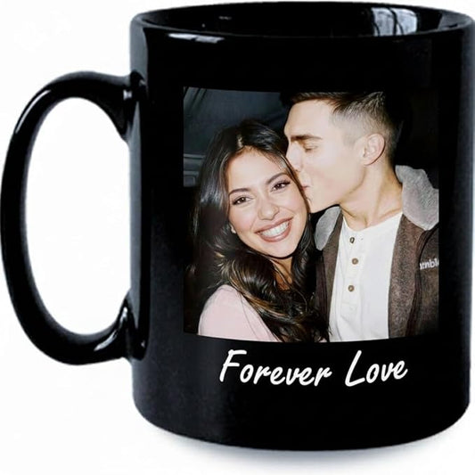Custom Photo Coffee Mug, Personalized Forever Love Design Ceramic Cup for Anniversary Boyfriend Girlfriend Dishwasher Safe, 11oz (Black)