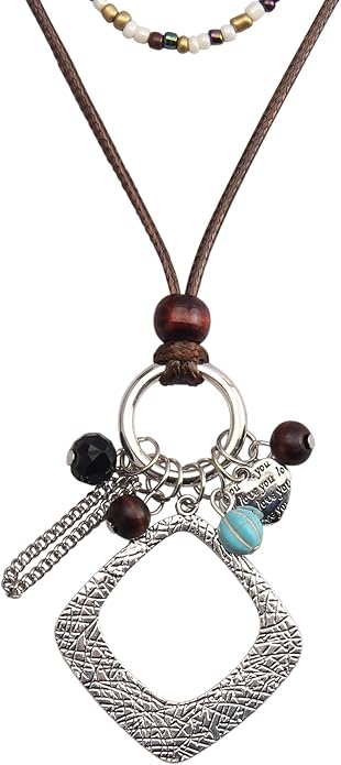Leather Necklace for Women Boho Choker Necklace Long Cord Leather Pendant Bohemian Neckalce Vintage Alloy Pendant Leather Rope Necklace Wooden Necklaces for Women