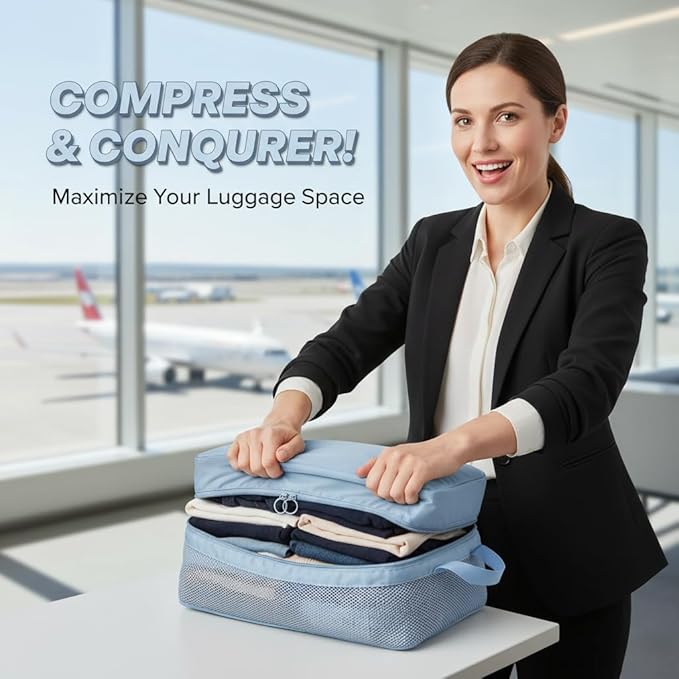 8-Piece Travel Compression Packing Cubes Set - Luggage Organizers for Suitcases - Space Saving Storage Bags for Clothes Travel Essentials (Black)