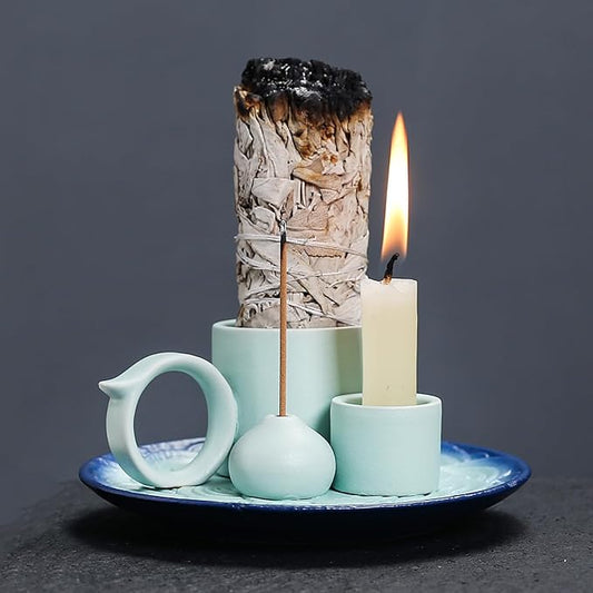 4 in 1 Ceramic Incense Burner Holder with Handle for Burning Sage, Palo Santo Stick, Joss Sticks, Candle in Your New House, Office, Yoga, Meditation Room (Sky Blue)