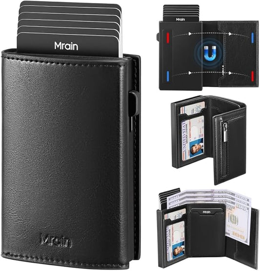 Mrain Mens Slim Minimalist Wallet Card Holder with Coin Pocket, Cash Slot, Magnetic Closure, Pop Up Aluminum Case, ID Window, Leather Wallet, RFID Blocking, 9-13 Card Capacity (Wax Black)