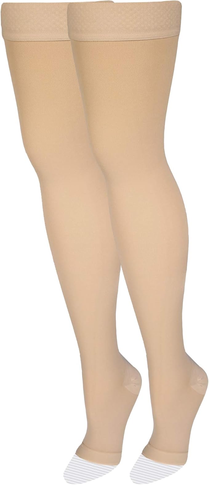 Amazon Basic Care Compression Stockings, 20-30 mmHg, Women & Men, Thigh Length | Open Toe | Beige | Small | Pack of 2