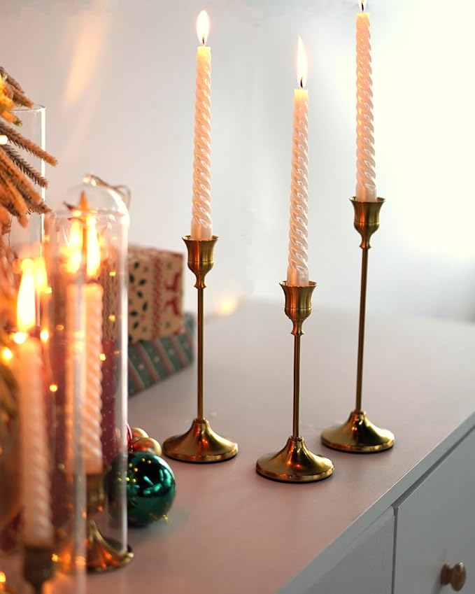 Willceka Gold Candlestick Holders, Taper Candle Holders, Set of 3 Brass Candle Holder Set, Vintage Table Centerpiece for Wedding Christmas Holiday