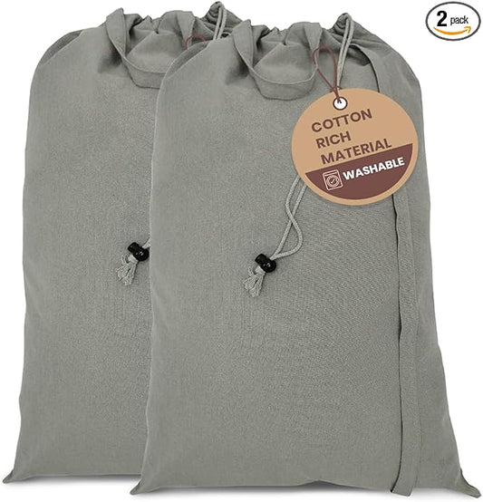 LFH Home Cotton Canvas Large Laundry Bag with Handle, Heavy Duty Drawstring Closure Washable Laundry Bags, School Travel, Home, Hotel, College Dorm, Organizer Sack, Toys Clothes 28x36 (Pack of 2)-Grey