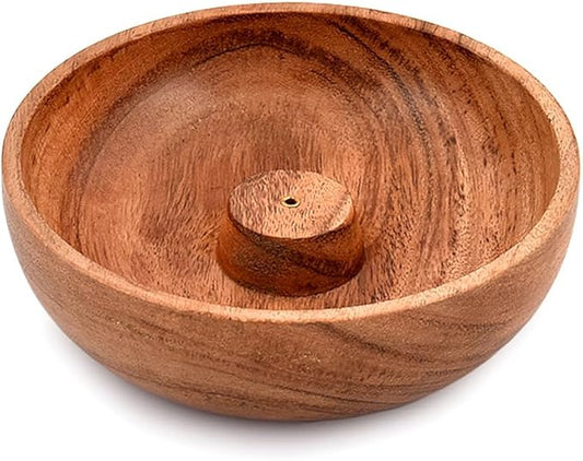 Samhita Acacia Wood Round Incense Stick Holder,Incense Burner, Ash Cather and Aromatherapy Ornament Home Décor (5" x 5" x 1.5")