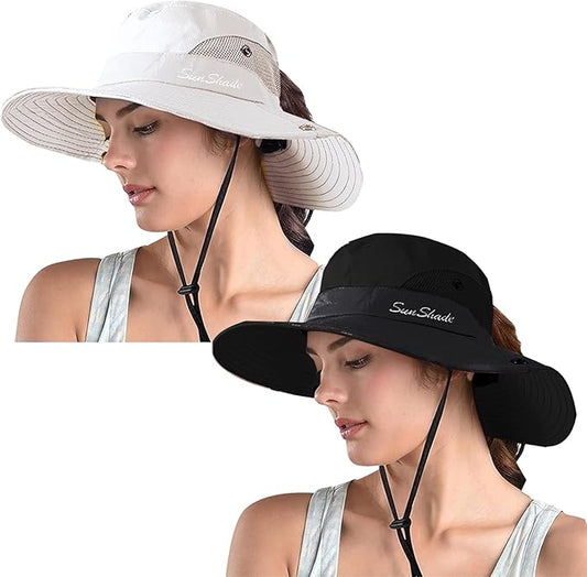 ZOORON Women's Ponytail Safari Sun Hat,Wide Brim UV Protection Outdoor Bucket Hat,Foldable Beach Summer Fishing Hat