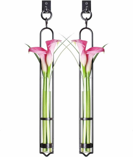 COURONNE CO. Florence Hanging Pendant Tube Vase with Wall Hook, Clear Flower Holder, Glass Vases for Flowers, Wall Plant Hanger for House Vase Decor, 16.’’H, Pack of 2