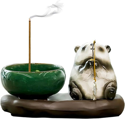 Fishing Panda Incense Holder Cute Animal Figurine Incense Burner Ash Catcher Creative Cartoon Resin Panda Statue for Home Room Decor Meditation Yoga Spa