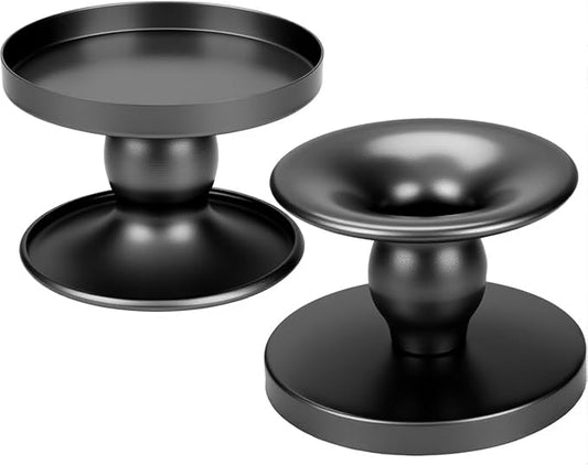 Table Gold Candle Holders – Set of 2 | Reversible Metal Candle Stand for Pillar & Taper Candles | Stylish Tabletop Candle Tray for Home Décor, Weddings & Special Occasions (Black)