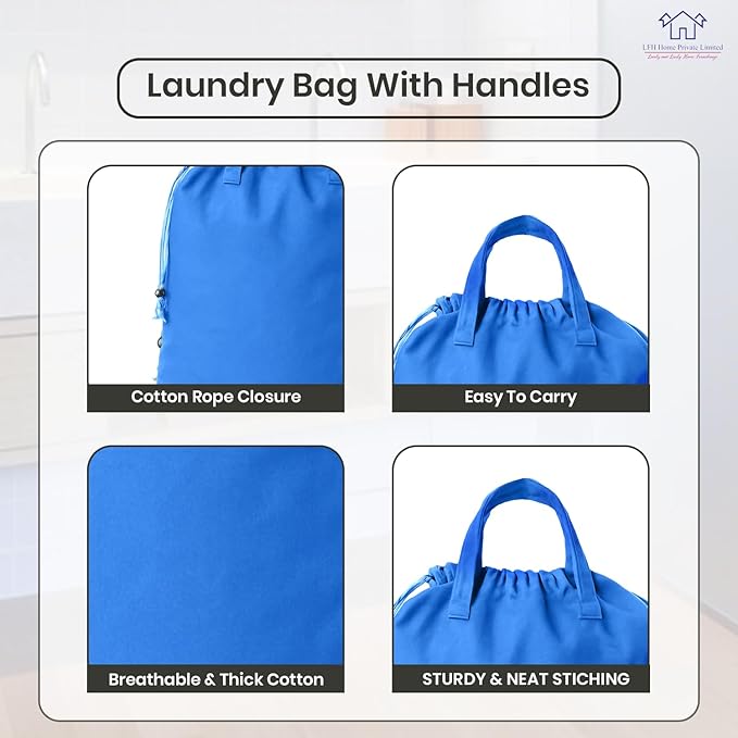 LFH Home Large Premium Cotton Canvas Laundry Bag with Drawstring and Handles Heavy Duty, Multi-Use, and Washable for Home, Travel, College or Storage 28x40 (Pack of 4)-Sky Blue