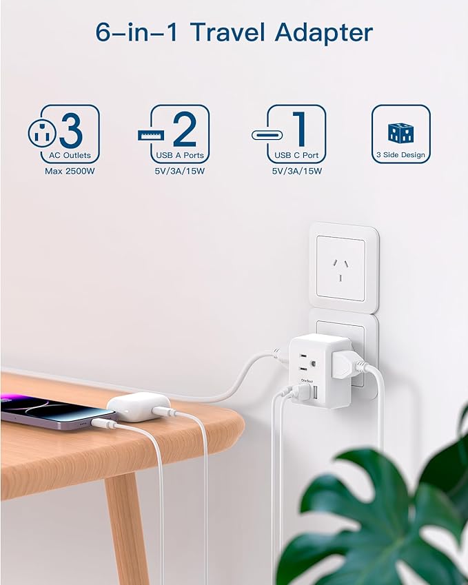 2 Pack Australia New Zealand Power Plug Adapter, Australia Travel Adapter with 3 American Outlets 3 USB Charging Ports (1 USB C), Type I Plug Adapter for US to Australia, Argentina, China