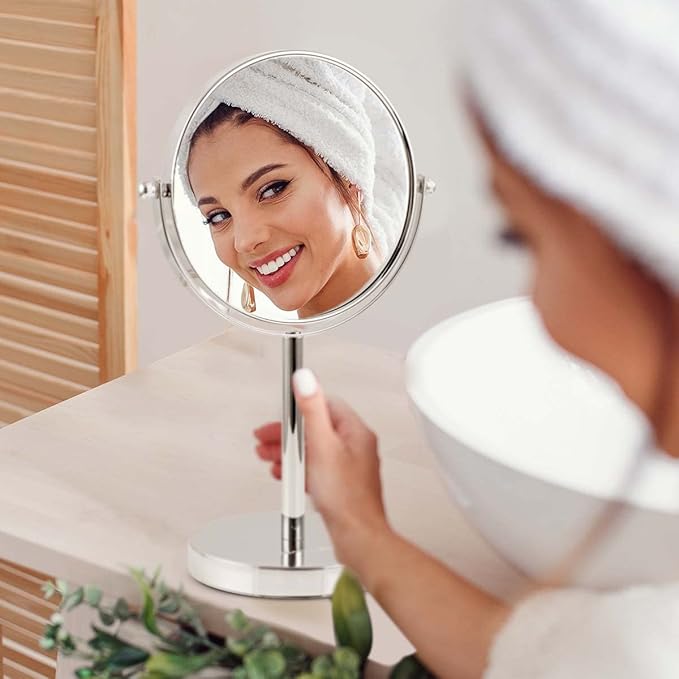 OVENTE 6'' Tabletop Makeup Mirror with 1X/7X Magnification, 360° Swivel Design, Double-Sided Free-Standing Vanity Mirror Perfect for Dresser, Bedroom and Office Desk, Polished Chrome MNLT60CH1X7X